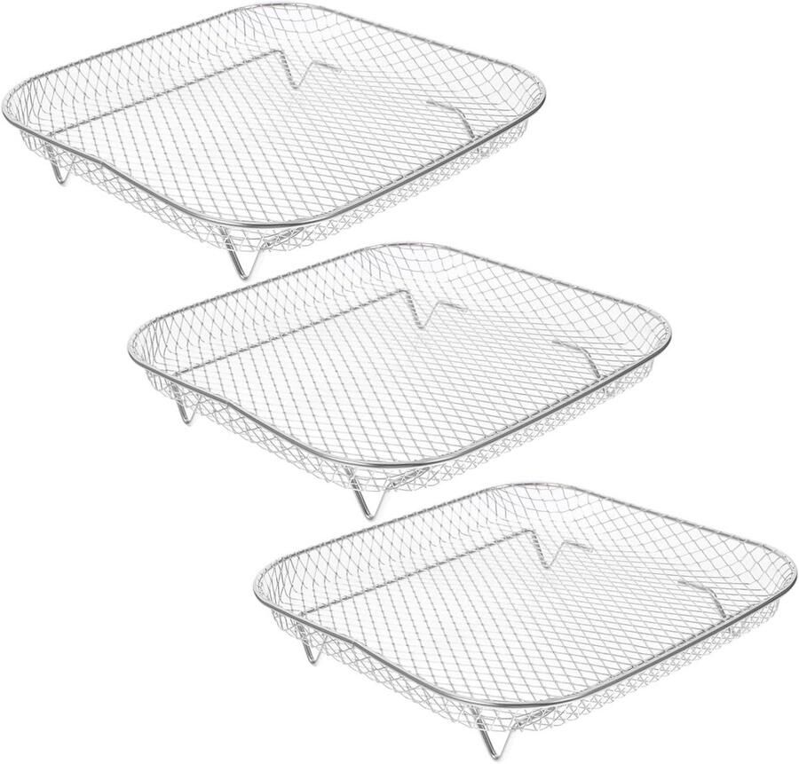 Airfryer Mand Trays Grill Racks Veelzijdig Koken Set van 3 20 cm Vierkant Zilverkleurig