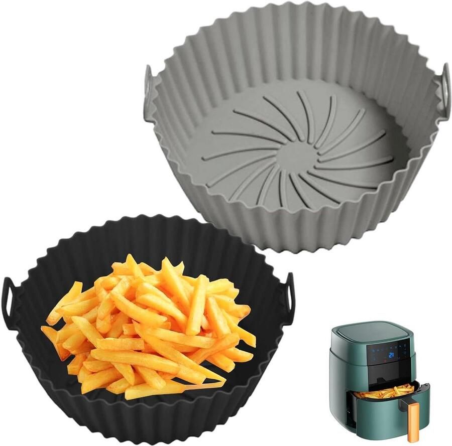 Airfryer Mand Voering Siliconen Bakvorm Gemakkelijk Koken Vaatwasserbestendig 2 Stuks 20cm Zwart Grijs