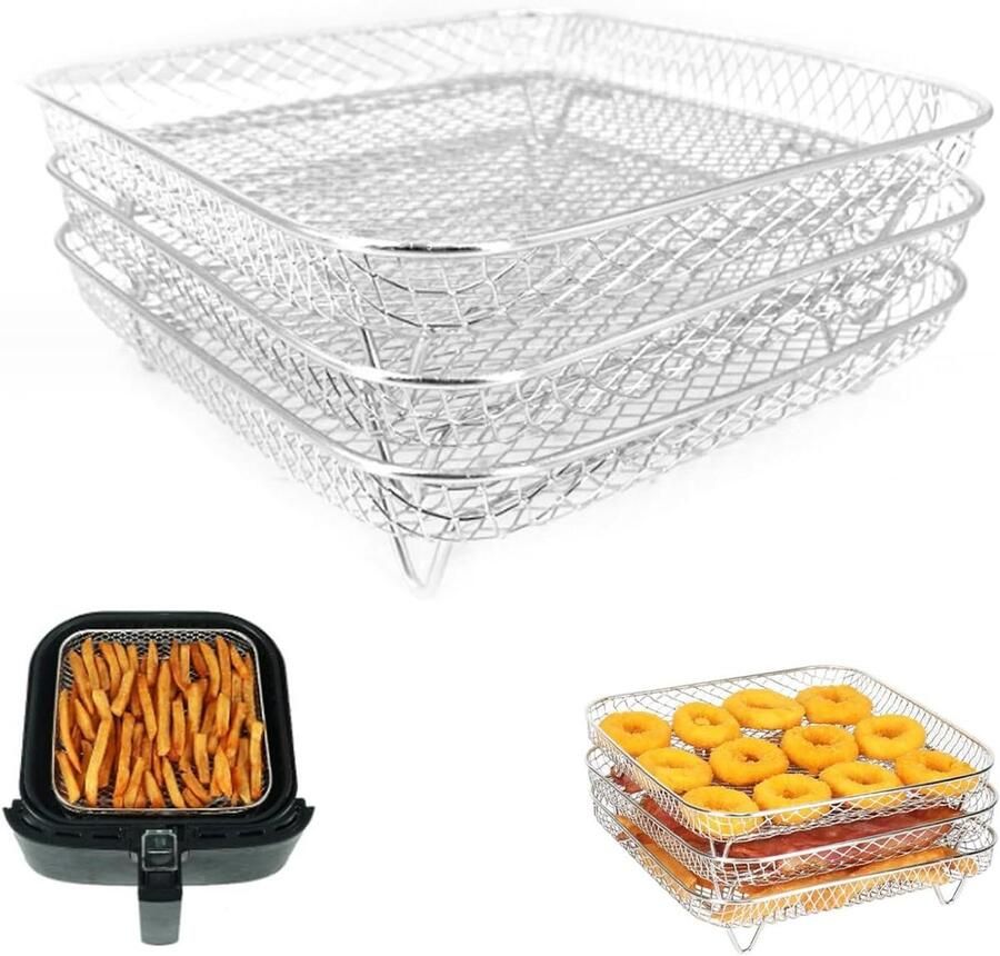 Airfryer Manden Grillrekken Extra Koken Stapelbaar RVS 21 x 21 x 9 cm Zilver