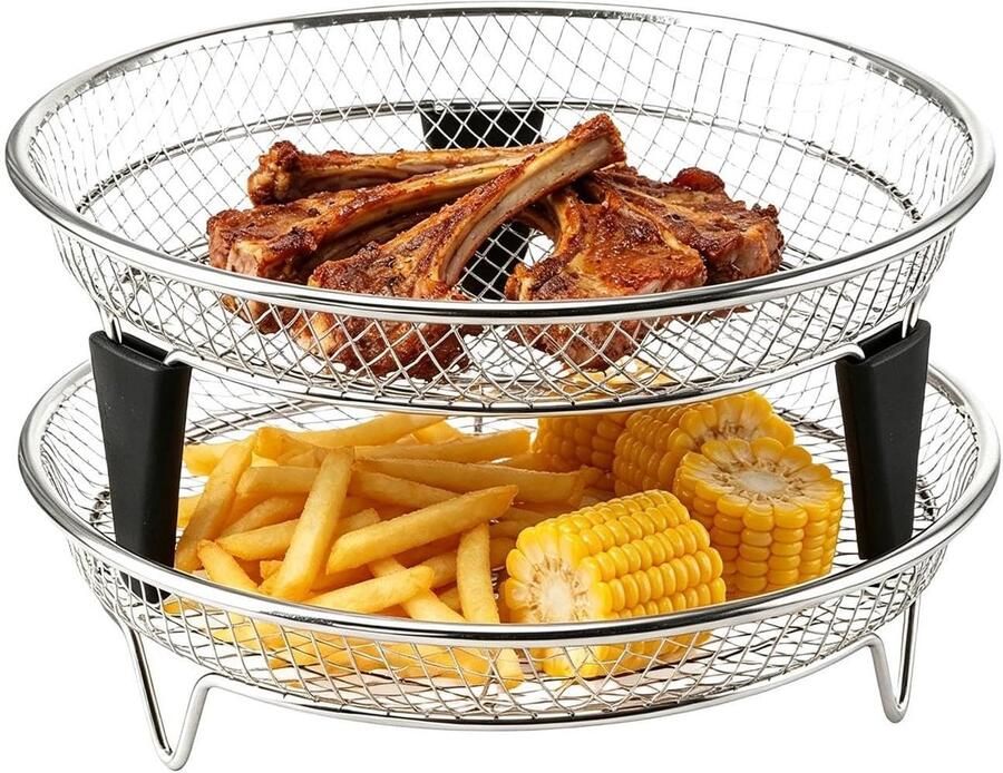 Airfryer Mand Lade Rek Maaltijd Voorbereiding Stapelbaar Ontwerp 18 cm Zilver