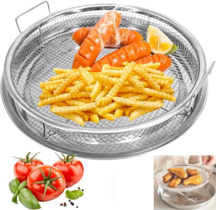 Airfryer Mandje Set van 2 26cm Oliefilterbak Bakplaat Voor Heteluchtoven Luchtfriteuse Roestvrijstalen Filtergereedschap Bakplaat Opvangbak