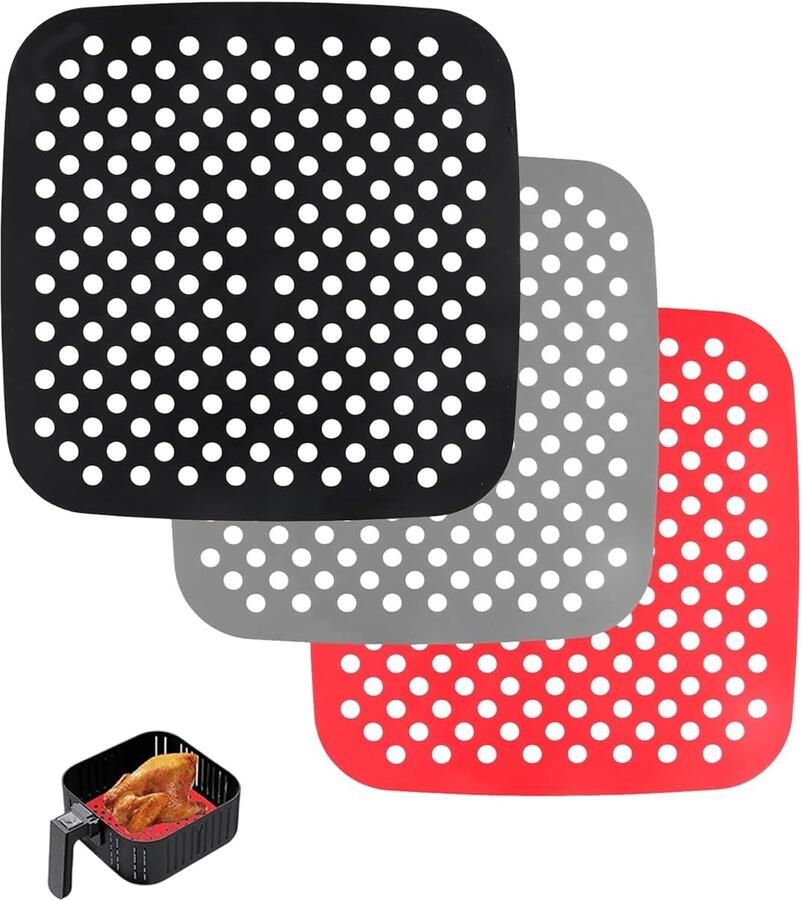 Airfryer Matten Herbruikbare Pads Gelijkmatig Garen Geperforeerd Ontwerp 3 Stuks 215 cm Rood Zwart