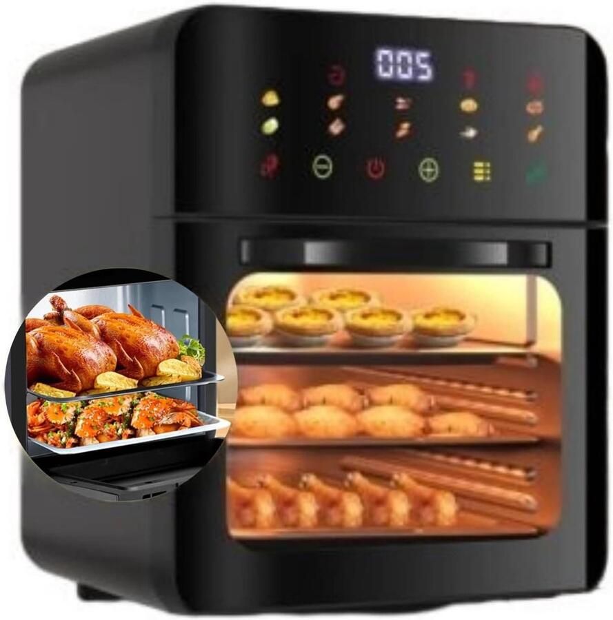Airfryer met 3 Kookplaten Mini Oven Heteluchtfriteuse Gezond Koken Intelligente Spraakbesturing 25 Liter Zwart