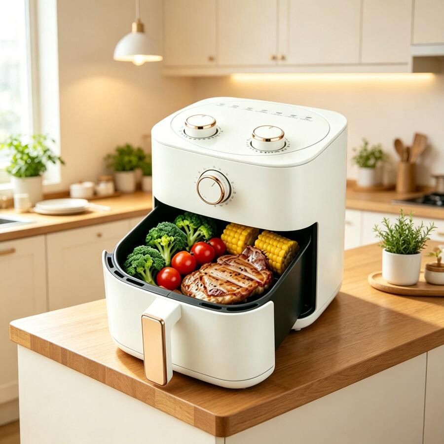 Airfryer met grote capaciteit van 6 liter – Maakt gebruik van 3D-warmtecirculatietechnologie voor olievrij koken (wit) Afmetingen 22 5*22 5*26 cm