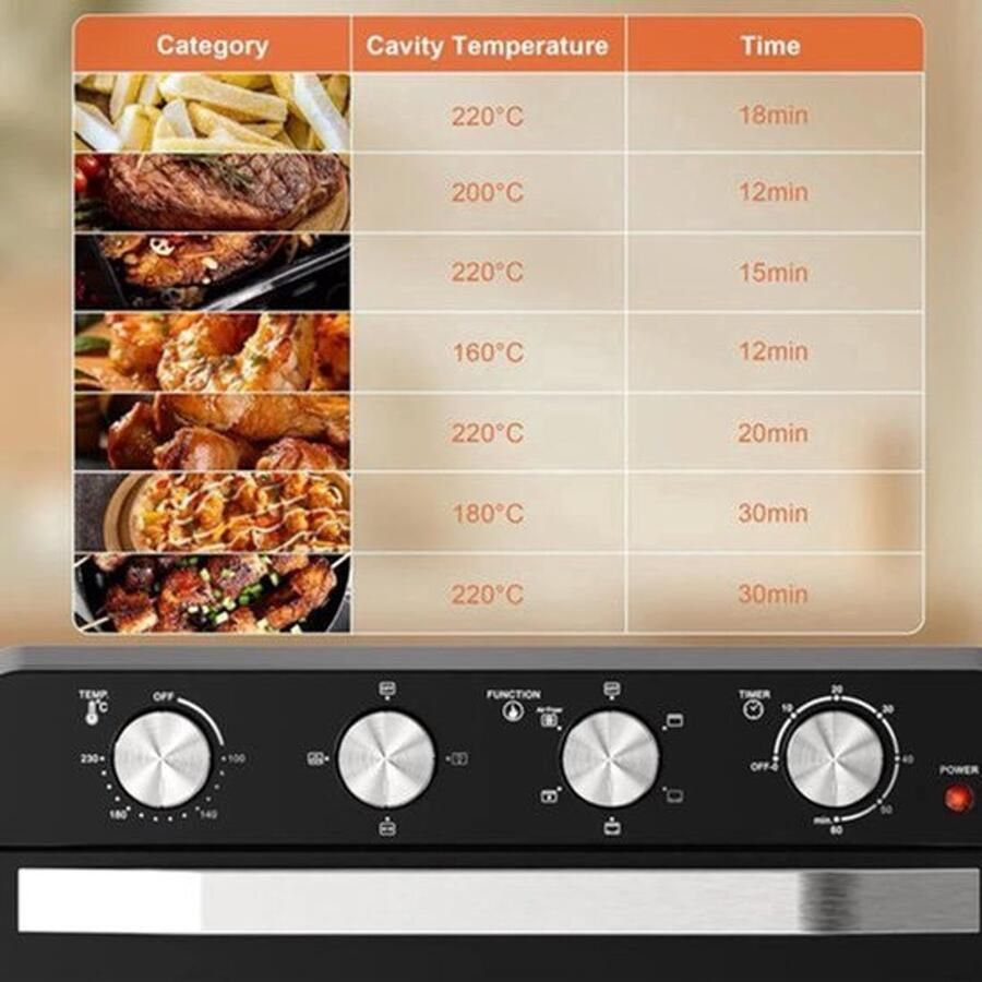 Airfryer Oven Hetelucht Friteuse Vrijstaande Oven Pizzaoven 36L 2000W 10-in-1 Functies Digitale Timer & Temperatuur Dubbel Glas RVS