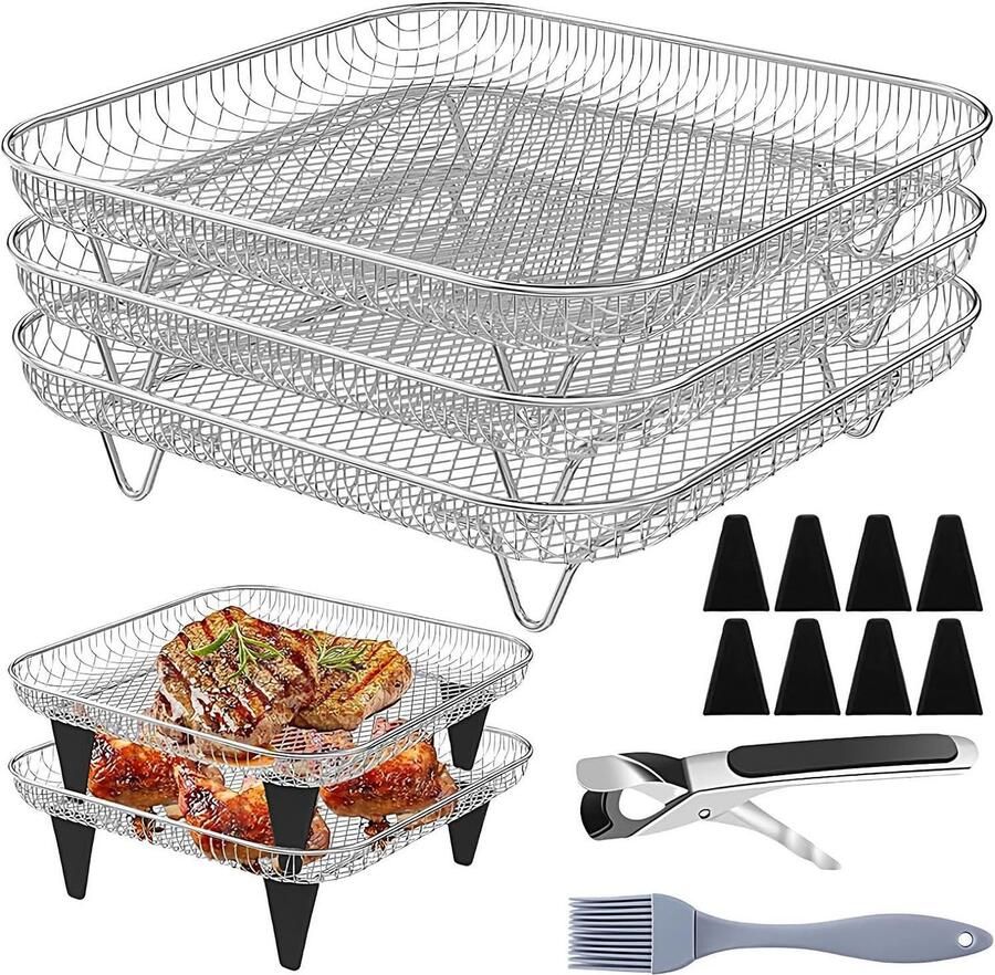 Airfryer Oven Rek Grill Tray Koken Bakken Stapelbare RVS Set 20 cm Vierkant Zilver