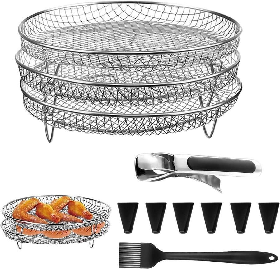 Airfryer Rack Dehydrator Racks Dubbel Koken Stapelbaar Ontwerp Drielaags Zilver