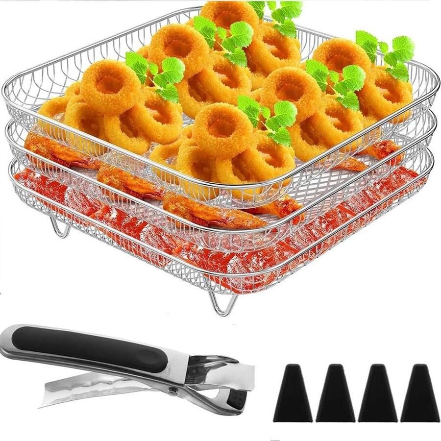 Airfryer Rack Set Grill Dehydrator Bakken Koken 3-laags Stapelbaar 20 x 20 cm Zilver