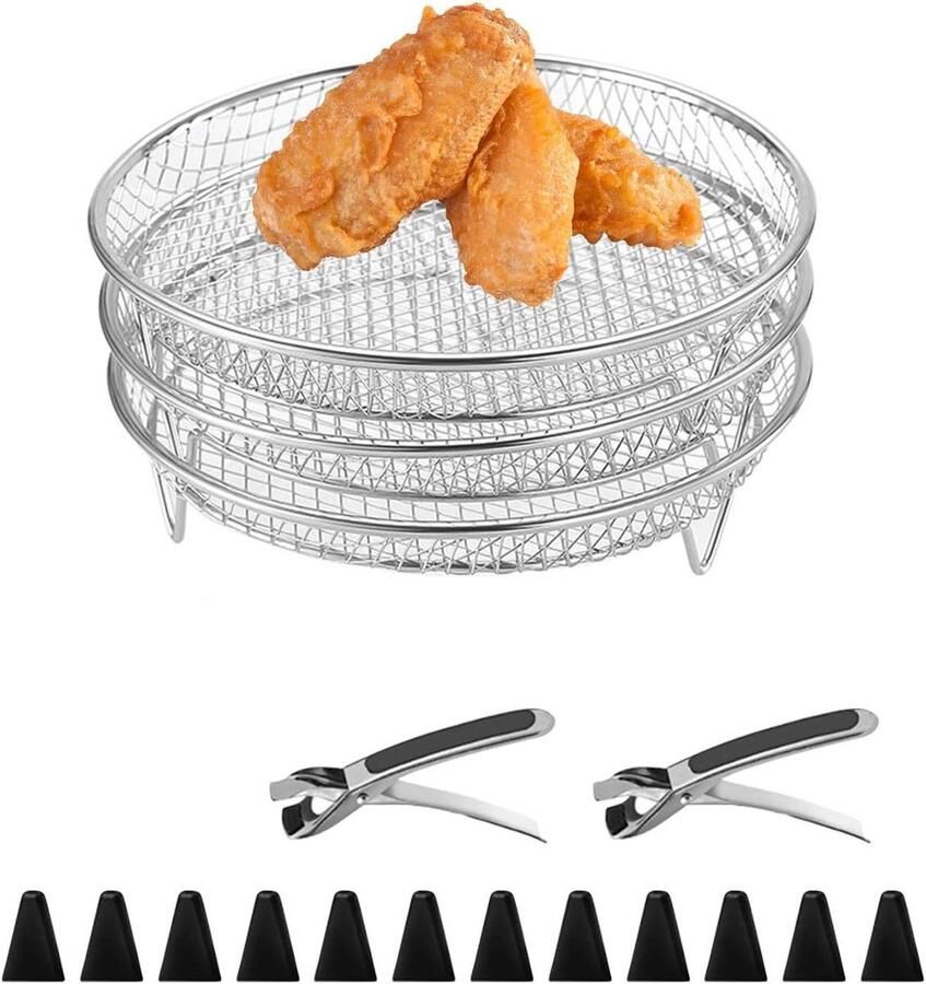 Airfryer Rack Set Grill Mandjes Meer Koken Stapelbaar Ontwerp 20cm Diameter Zilver