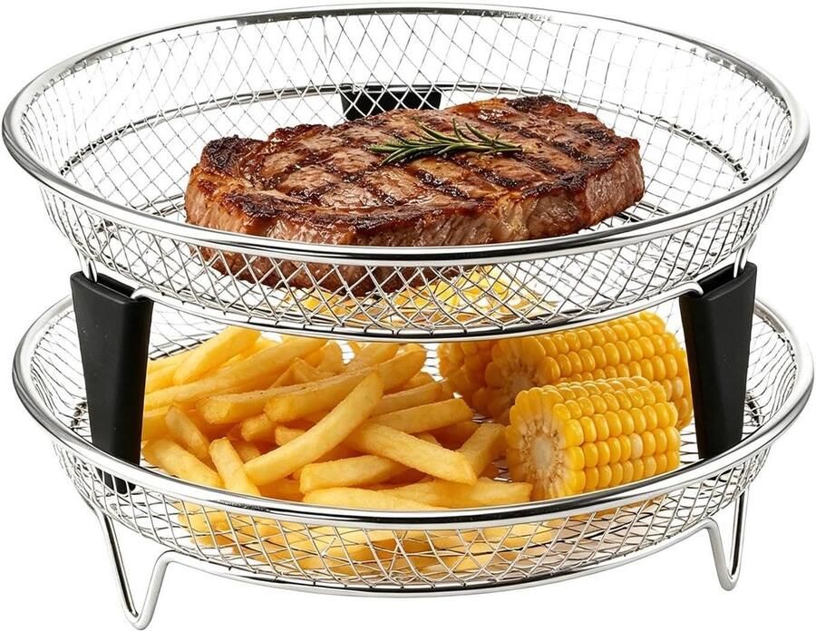 Heteluchtfriteuse mand Airfryer rooster Gezond koken Stapelbaar met siliconen voetjes 2-delig Zilver