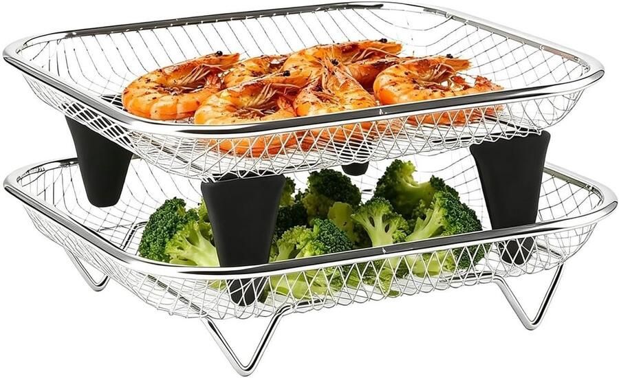 Airfryer Rack Stapelmand Oven Maaltijden Bereiden Roestvrij Staal 7 Inch Vierkant Zilver