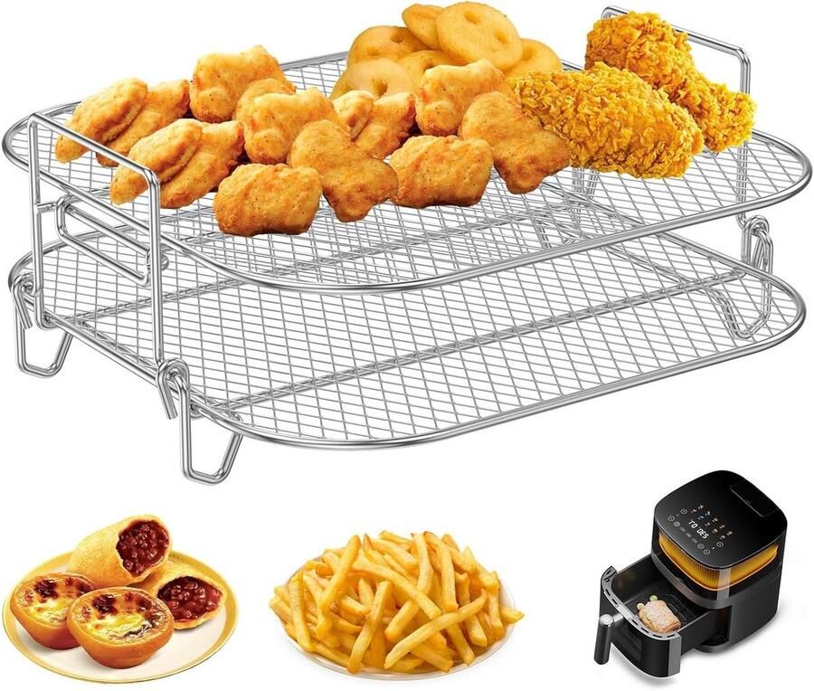 Airfryer Rack Vierkant Heteluchtfriteuse Mand Gelijkmatiger Koken Stapelbaar Roosterontwerp 20 x 20 x 9 cm Zilver