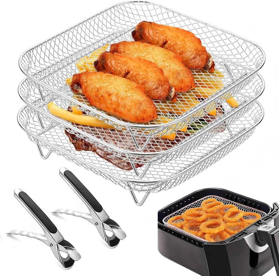 Airfryer Racks Airfryer Manden Extra Koken Stapelbaar Roestvrij Staal 20x20x9 cm Zilver