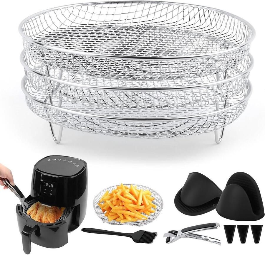 Airfryer Racks Friteuse Accessoires Dubbel Koken Roestvrij Staal 20 cm Diameter Zilver