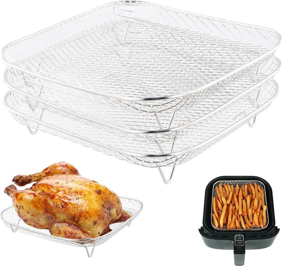 Airfryer Racks Grill Manden Koken Bakken Stapelbaar Ontwerp 3 Stuks Zilver