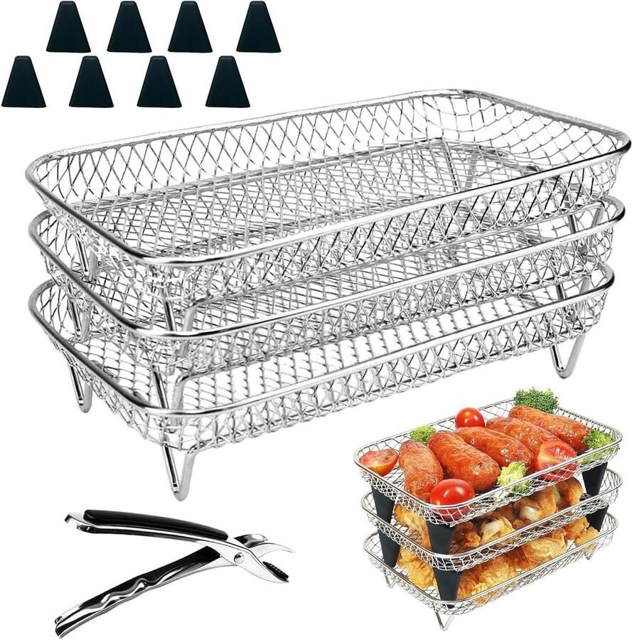 Airfryer Racks Grillrooster Heteluchtfriteuse Extra Koken Stapelbaar 3-laags 3 stuks Zilver