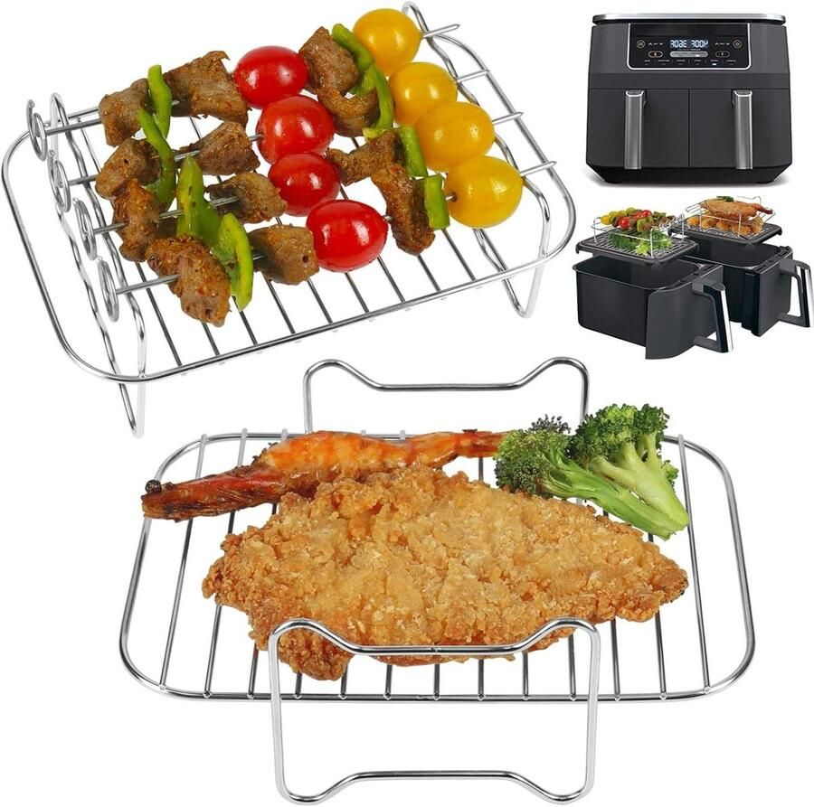 Allecto premium Air Fryer Racks Dehydrator Rack met 4 Spiesjes en Grillen Rack Accessoires Set van 2 stuks