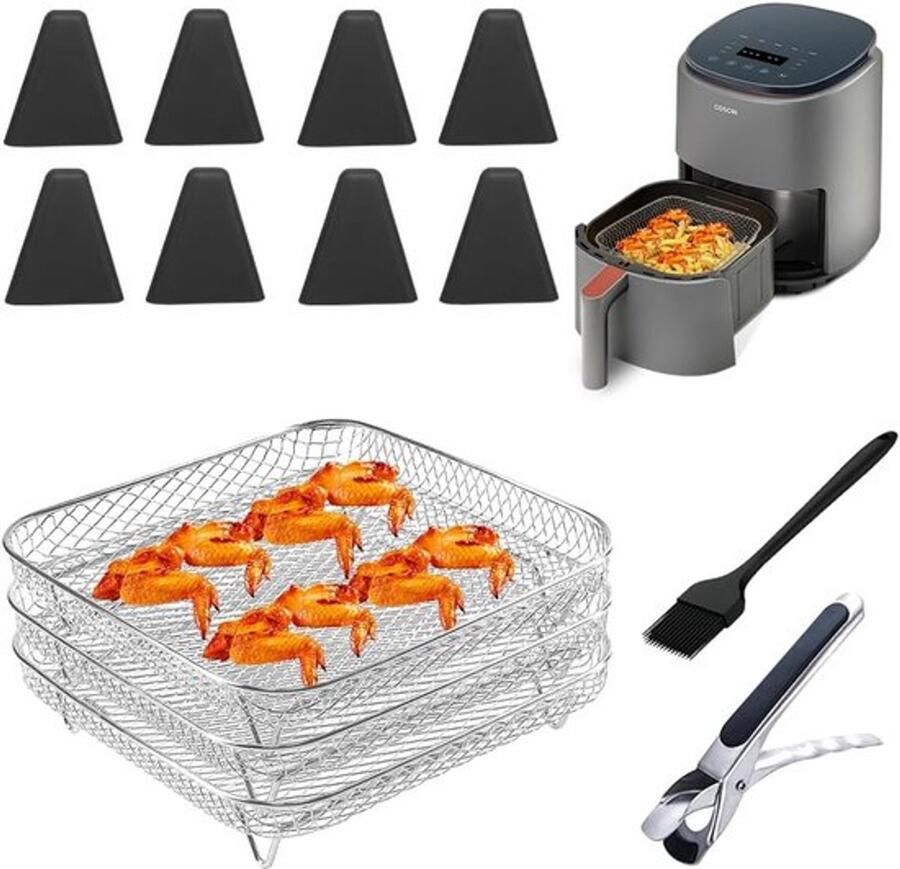 Airfryer rek 3 lagen stapelbaar 304 roestvrij staal 8 siliconen pootjes Inclusief tang en borstel Voor oven- en airfryer-accessoires Guadratic