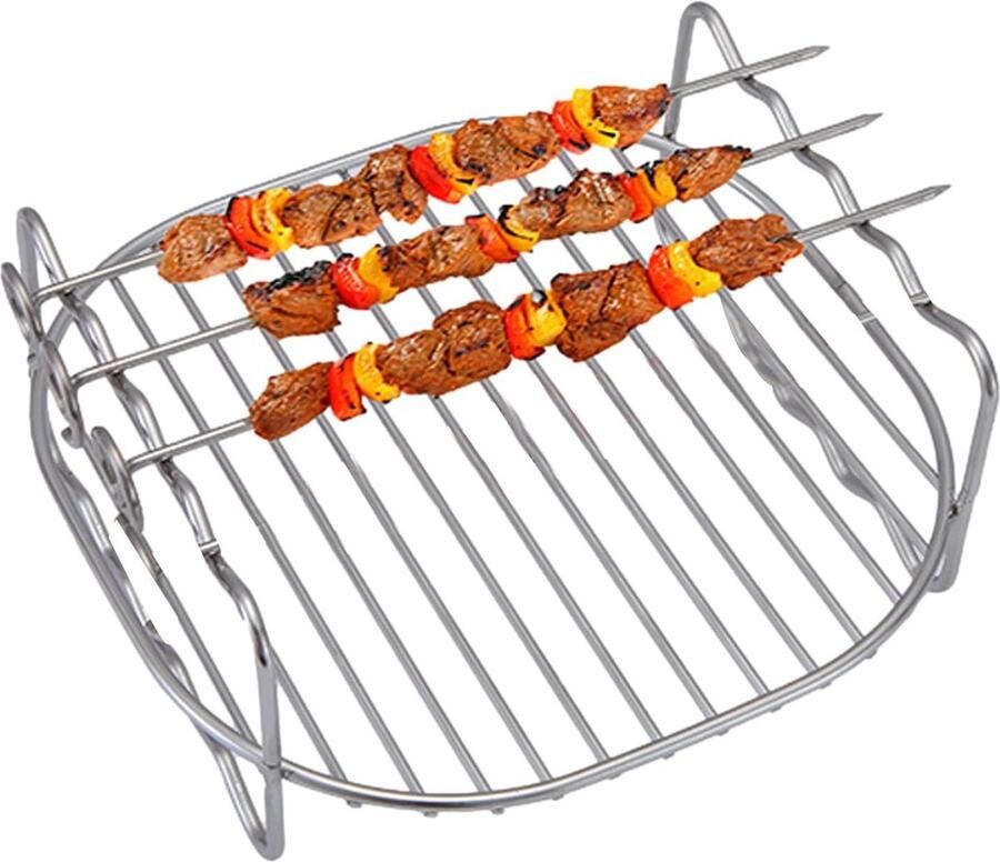 Airfryer Rek Grill Spiesjes Dubbel Koken Roestvrij Staal 6-8 inch Zilver
