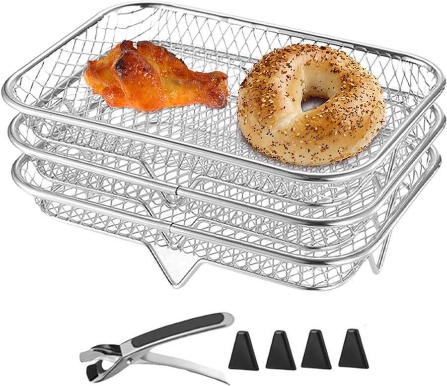 Airfryer Rek Grillhouder Plank Koken Bakken Stapelbaar RVS 3 Stuks Zilverkleurig