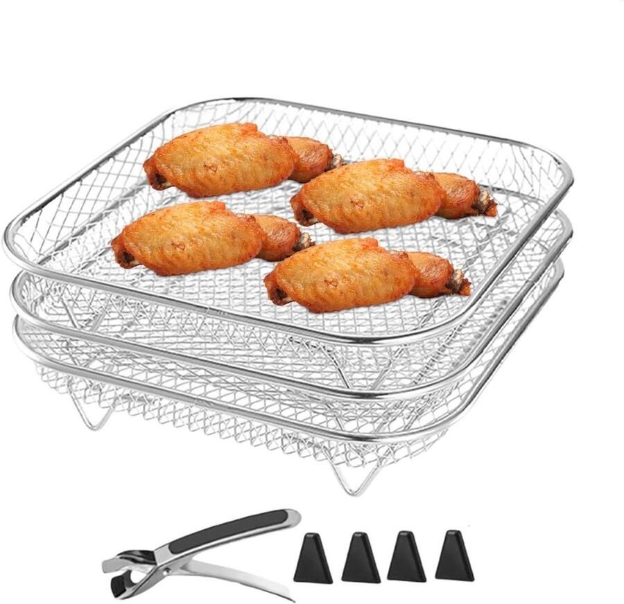Airfryer rek Grillmand set Dubbel koken Stapelbaar ontwerp 20 cm diameter Zwartbruin