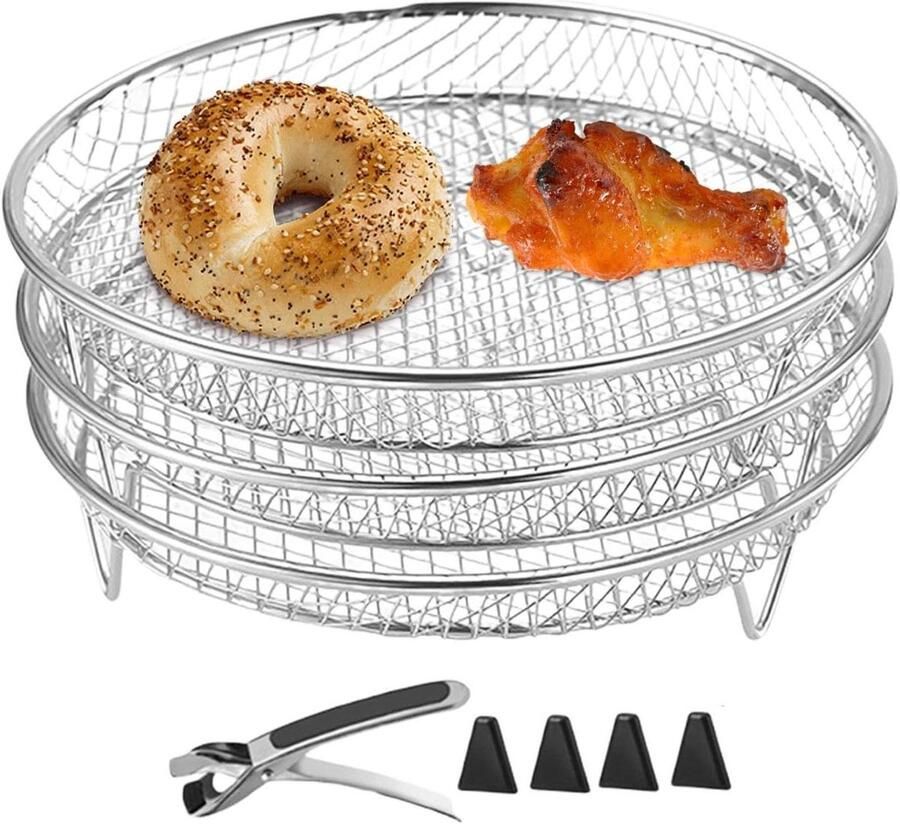 Airfryer rek Grillmand stapelbaar Extra kookruimte Voedselveilig staal 3 stuks Zilver