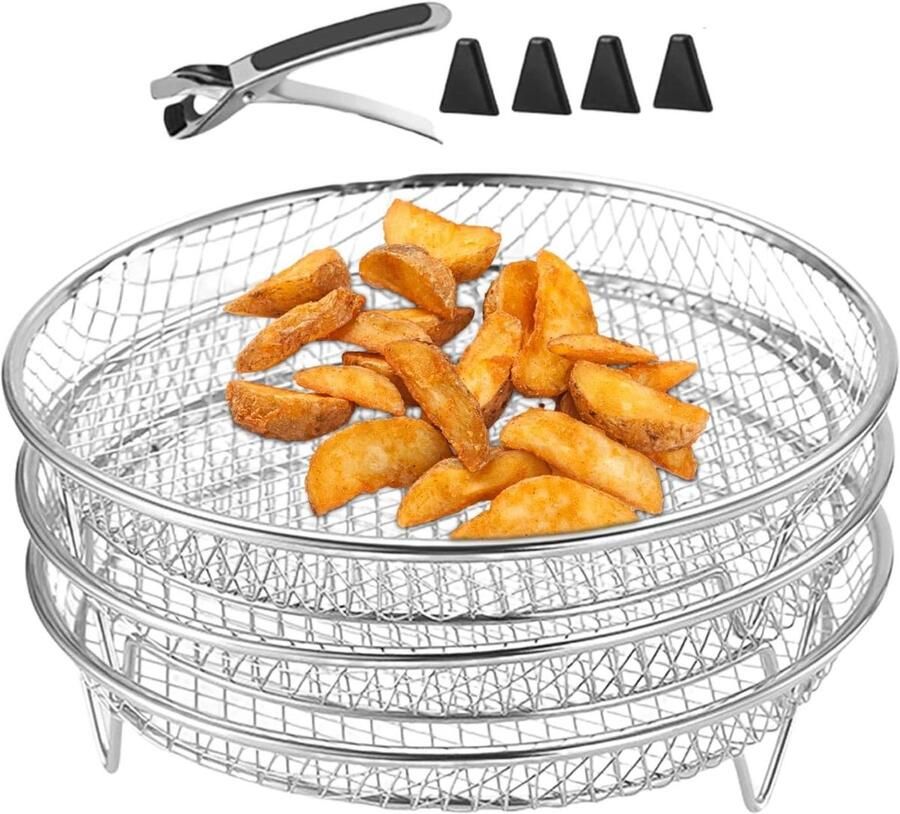 Airfryer Rek Grillmandjes Koken en Stomen Stapelbare Drielaagse Structuur 21 cm Zilver