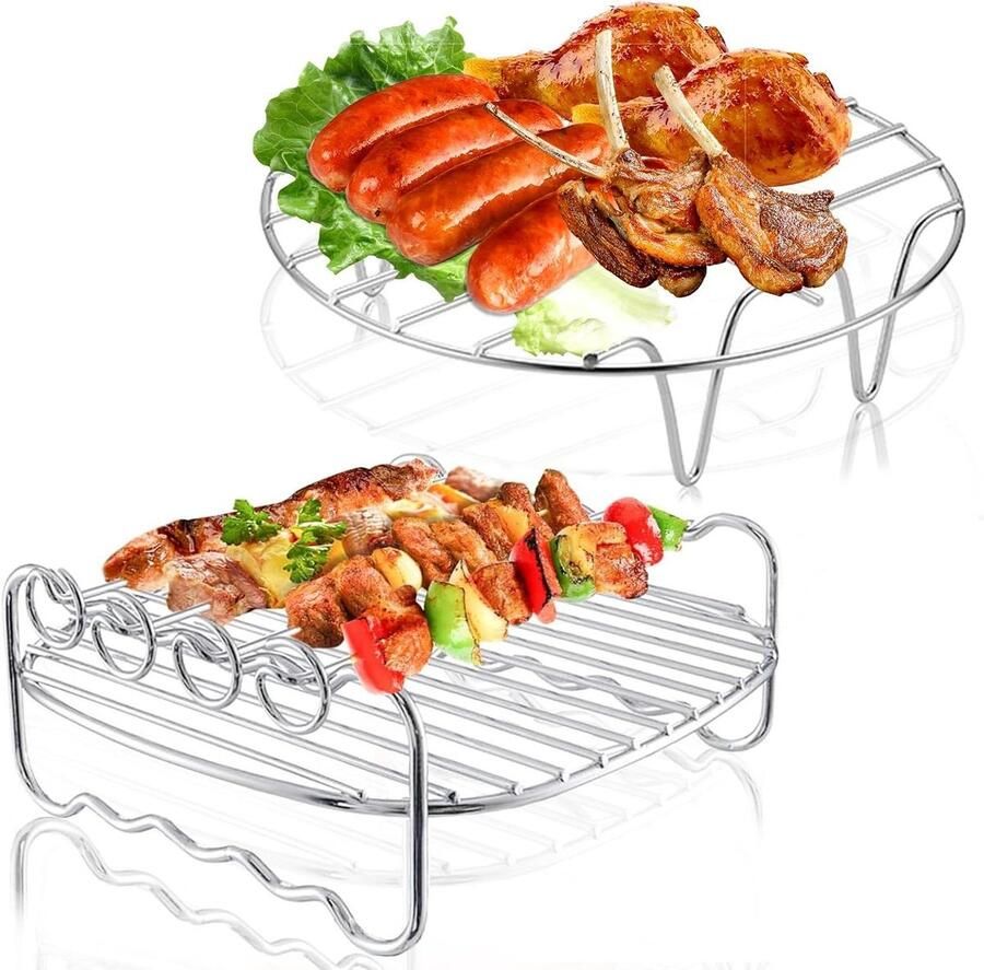 Airfryer Rek Grillrek Dubbel Koken en Bakken Roestvrij Staal 2 Stuks Zilver