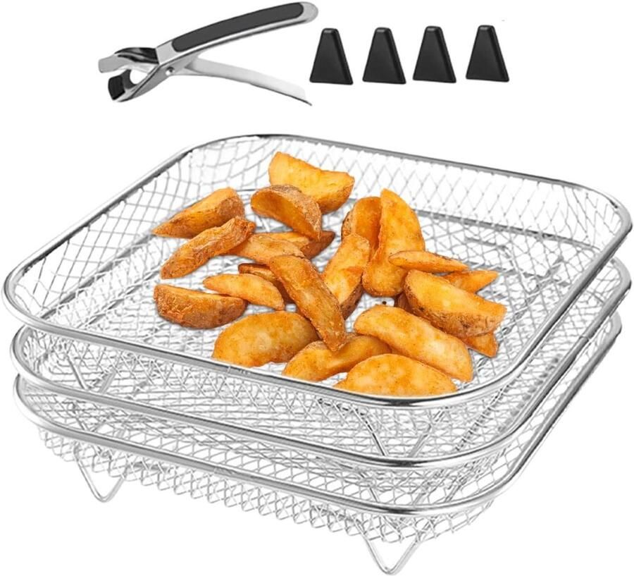 Airfryer rek Grillstandaard Extra kookruimte Stapelbare drielaagse structuur 21 cm Zilver