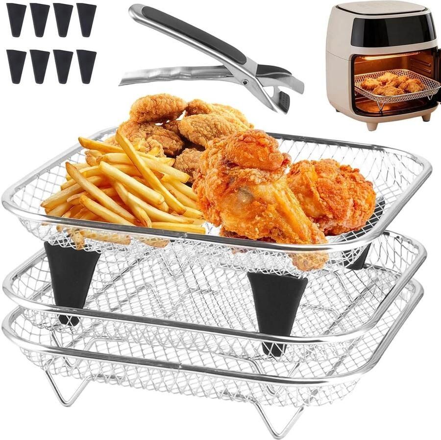 Airfryer Rek Heteluchtfriteuse Accessoires Meerdere Gerechten Koken Stapelbaar Ontwerp 20x20x8 cm Zilver