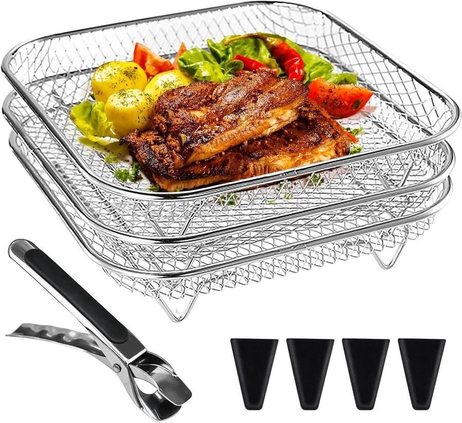 Airfryer Rek Luchtfriteuse Plank Extra Kookruimte Creëren Stapelbaar 3-laags Ontwerp 21 x 21 x 9 cm