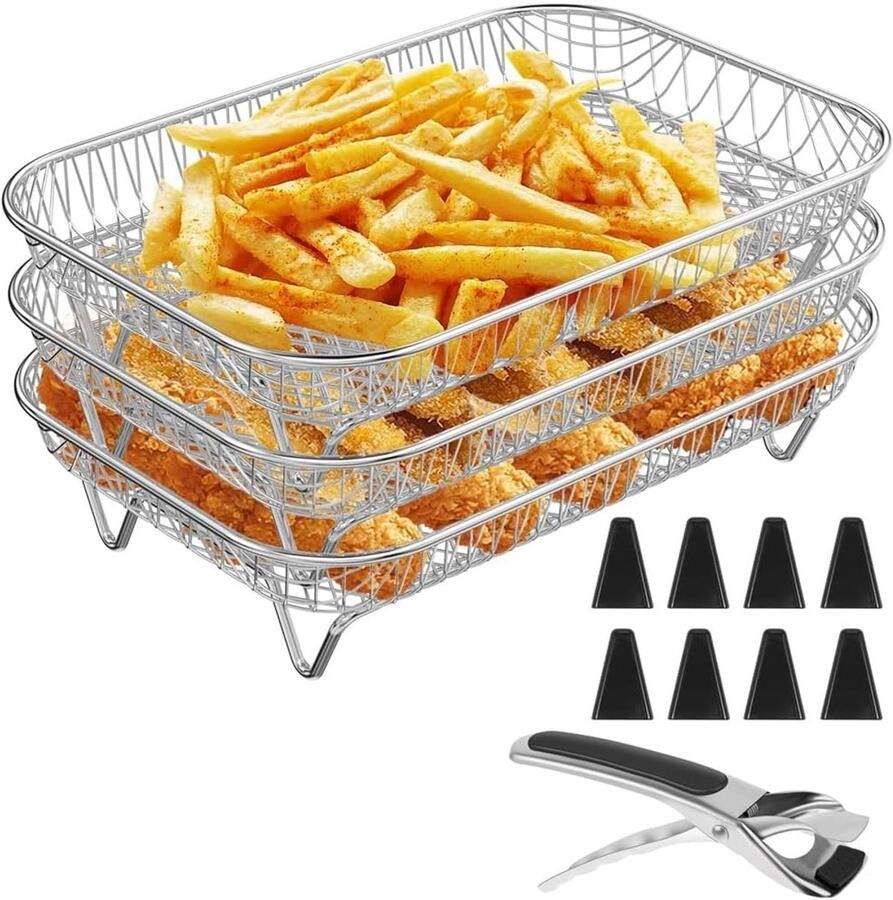 Airfryer Rek Ovenrek Stapelbaar Gezond Koken 3 Lagen RVS 20x15x11 cm Zilver
