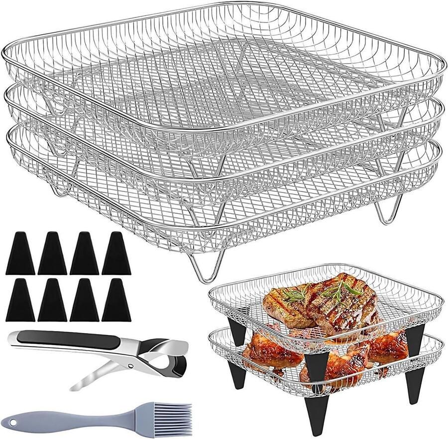 Airfryer Rek Set Grillbakken Accessoires Multi Food Bereiding Drielaags Ontwerp 20 x 20 cm Zilver