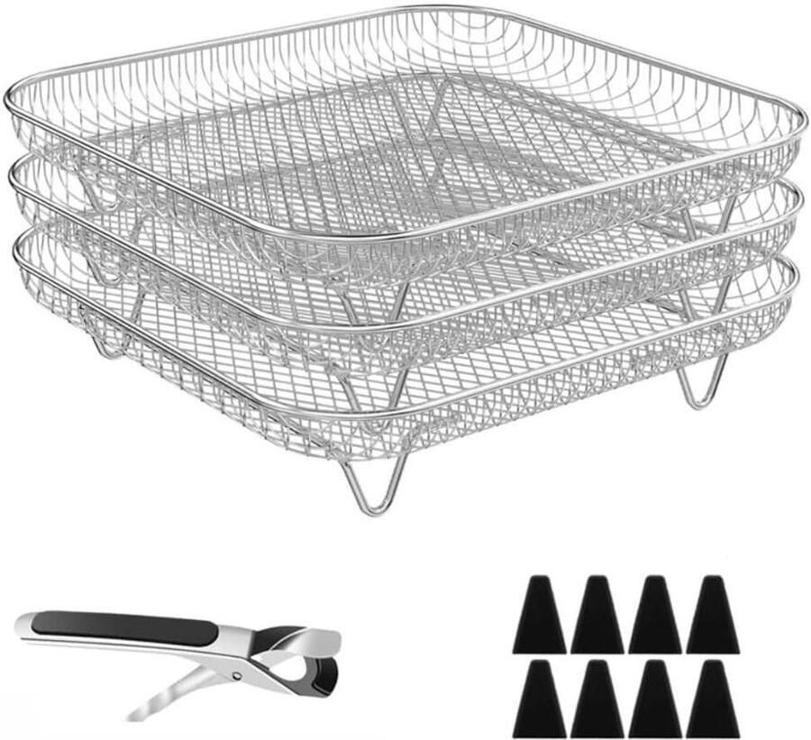 Airfryer Rek Stapelbaar Tray Meer Koken Food-Grade RVS 21 x 21 x 10 cm Zilver