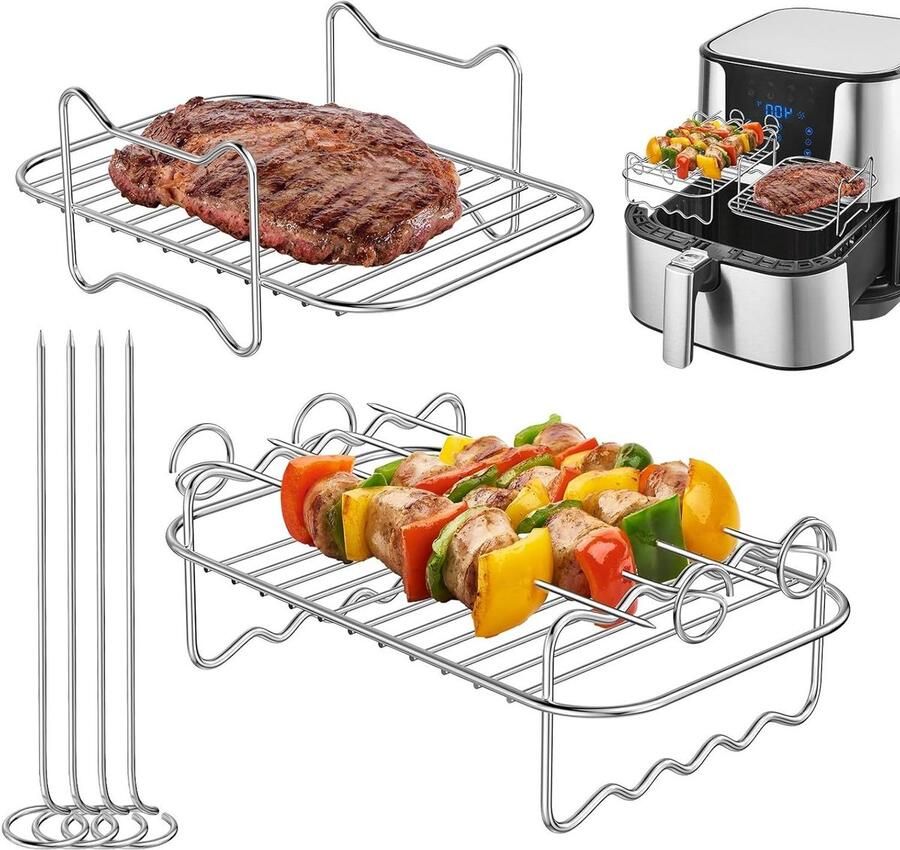 Airfryer rekken compatibel met Ninja Dual AF300UK AF400UK gelaagd droogrek spiesrek 4 spiesjes 304 roestvrijstaal dubbele heteluchtfriteuse accessoires grill oven