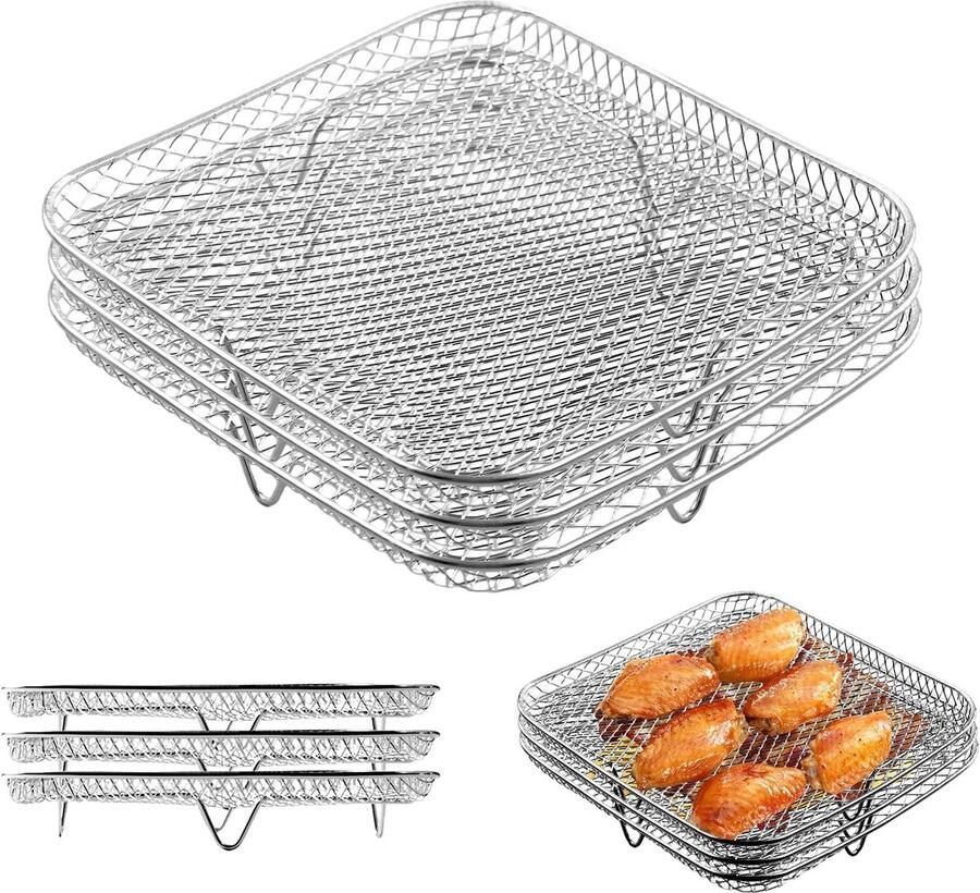 Airfryer Rek Luchtfriteuse Accessoires Extra Kookruimte Stapelbaar Ontwerp 3 Stuks Zilver