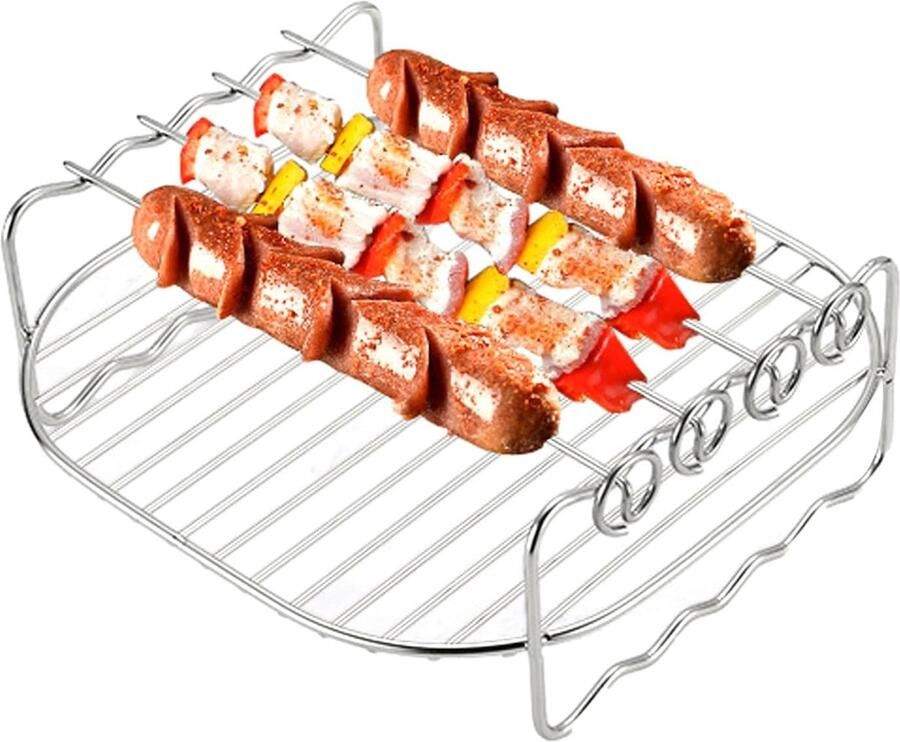 Airfryer Rooster Dubbel Grillrek Gelijk Tijd Koken Inclusief Spiesen Meerdere Maten Zilver