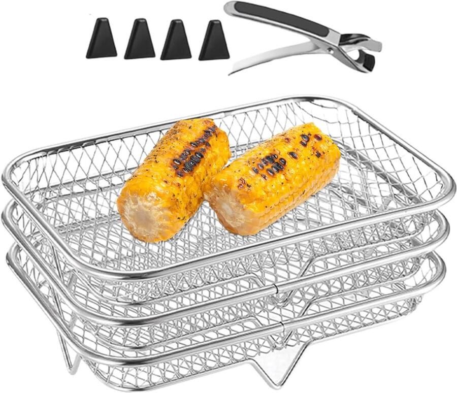Airfryer Rooster Grill Mand Meer Koken Drielaagse Structuur 22 x 22 x 10 cm Zilver