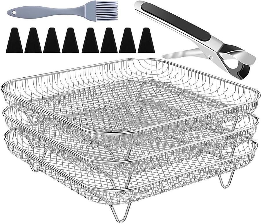 Airfryer Rooster Grillbak Set Koken en Bakken Stapelbaar 3-lagen ontwerp 20 cm Vierkant Zilver