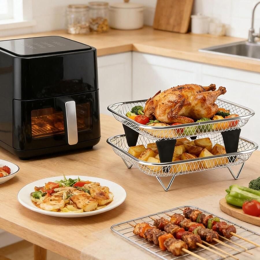 Airfryer Rooster Stapelbaar Dienblad Gezond Koken Roestvrij Staal 18 cm Zilver