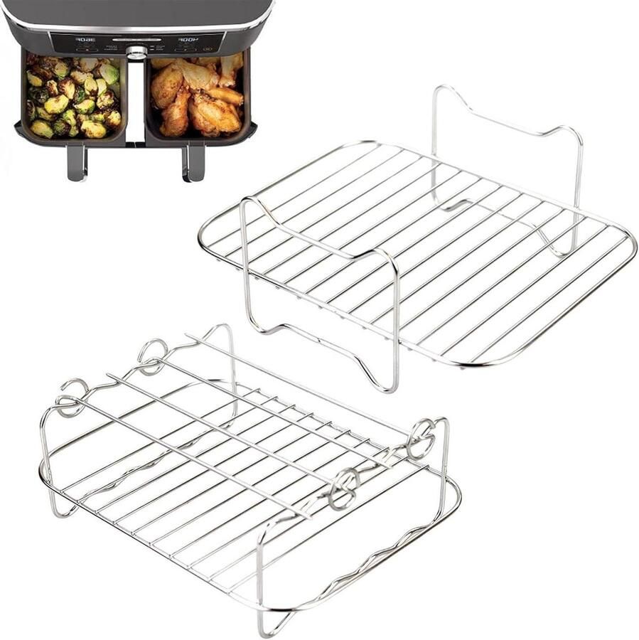 Airfryer Rooster Vierkante Houder Dubbel Koken Roestvrij Staal 22.8 cm Diameter Zilverkleurig