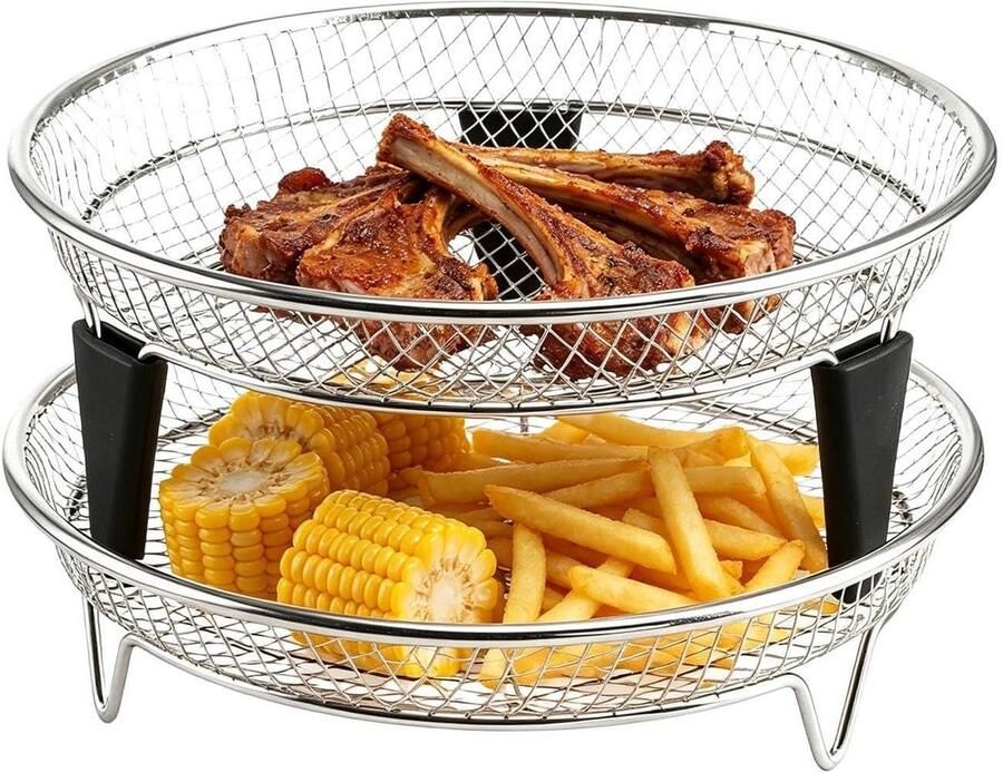 Airfryer Mand Set Lade Dehydrator Gezond Koken Stapelbaar Roestvrij Staal 18 cm Zilver
