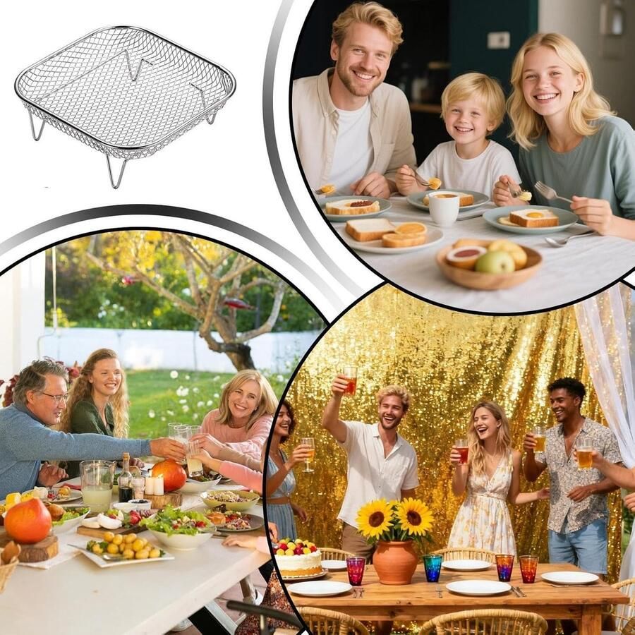 Airfryer Roosters Stapelbaar Mandje Gezond Grillen Roestvrij Staal 13.5x6.7cm Zilver
