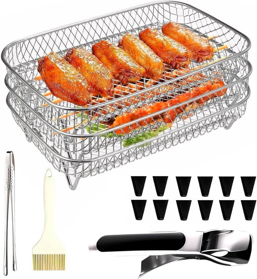 Airfryer RVS Mandjes Stapelbare Grillroosters Gelijk Garen Modulair Stapelbaar Set van 3 Zilver Zwart
