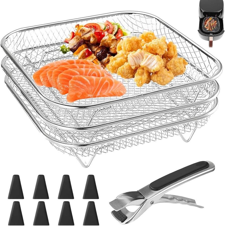 Airfryer RVS Racks Stapelbare Manden Gelijkmatig Koken Corrosiebestendig Materiaal 21 x 21 x 9 cm Zilver