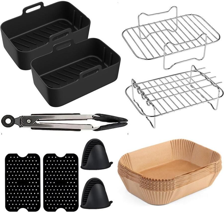 Airfryer set dubbellaags mandje met handvat bakplaat 2 zwarte exemplaren