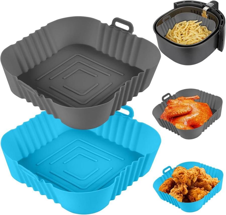 Airfryer Siliconen Pot Herbruikbare Bakvorm Lucht Frituren Dubbele Handgrepen 2 Stuks Blauw