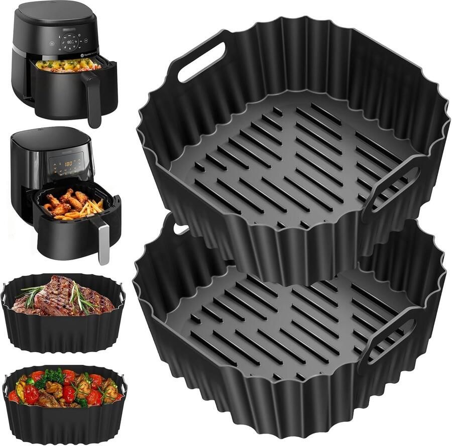Airfryer Siliconen Bakvorm Herbruikbaar Inzetstuk Koken & Bakken Verbeterde Vetafvoer 2 Stuks Zwart