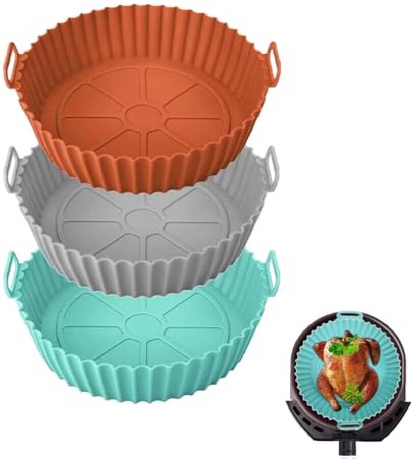 Airfryer Siliconen Pot Herbruikbare Bakvorm Lekker Koken Set van 3 Stuks 20 cm Diameter Gemengde Kleuren