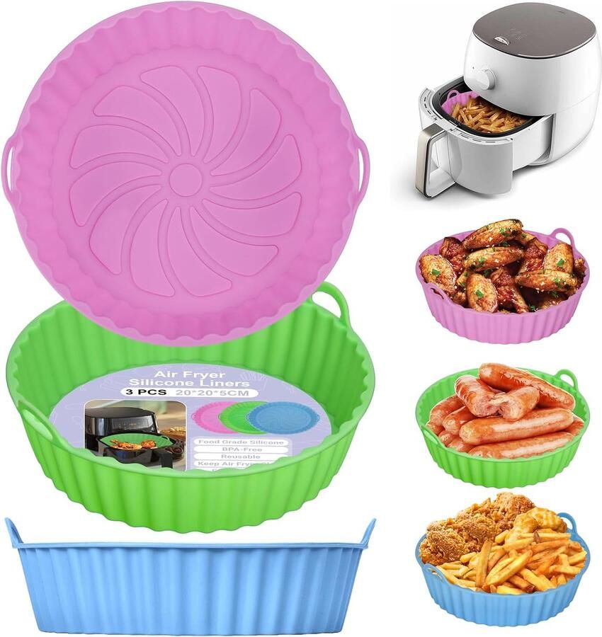 Airfryer Siliconen Pot Heteluchtfriteuse Mand Lekker Koken Herbruikbaar en Vaatwasserbestendig 3 Stuks 20cm Roze Groen Blauw